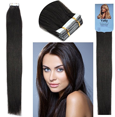 Yotty 7A Grade Brazilian Remy Human Hair Extensions - 20 Inch 40 Piece Tape-In Skin Weft (100g, 1B Off Black) for Women | Seamless Blending & Natural Look | Perfect for Daily Wear, Parties & Special Occasions