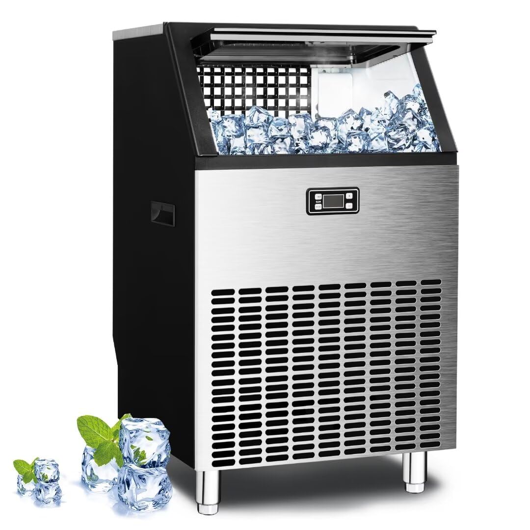 Kismile Commercial Ice Maker Machine - 265lbs/24h Freestanding Square Ice Cube Maker with 55lbs Storage Bin, Heavy Duty Stainless Steel Construction for Home Bar, Coffee Shop, Restaurant & Business Use - Perfect for Cocktails, Iced Coffee & Beverage Service