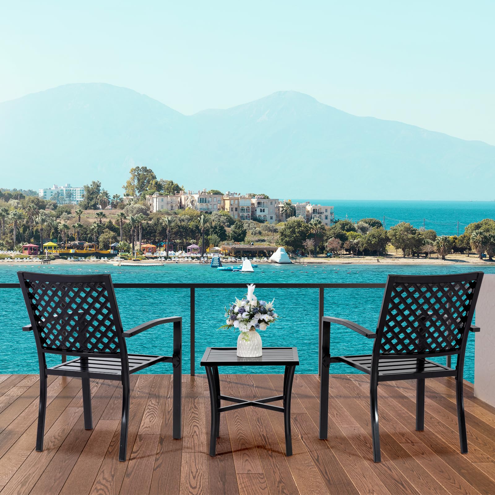 3-Piece Outdoor Patio Dining Set - Durable Cast Iron Square Table with 2 Stackable Chairs, Weather-Resistant Bistro Set for Balcony, Porch, Garden, Backyard (Black) | Perfect for Small Space Entertaining & Al Fresco Dining
