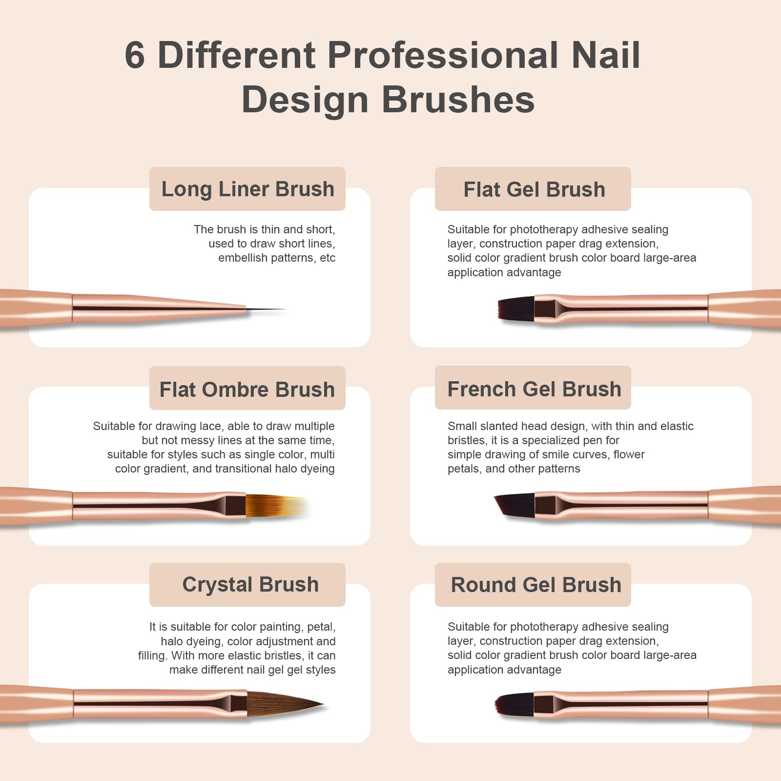 6Pcs Professional Nail Art Brush Set - Nail Liner, Ombre, Gel Polish Painting Brushes for DIY & Salon Nail Designs | Perfect for Home Manicures & Professional Nail Artistry