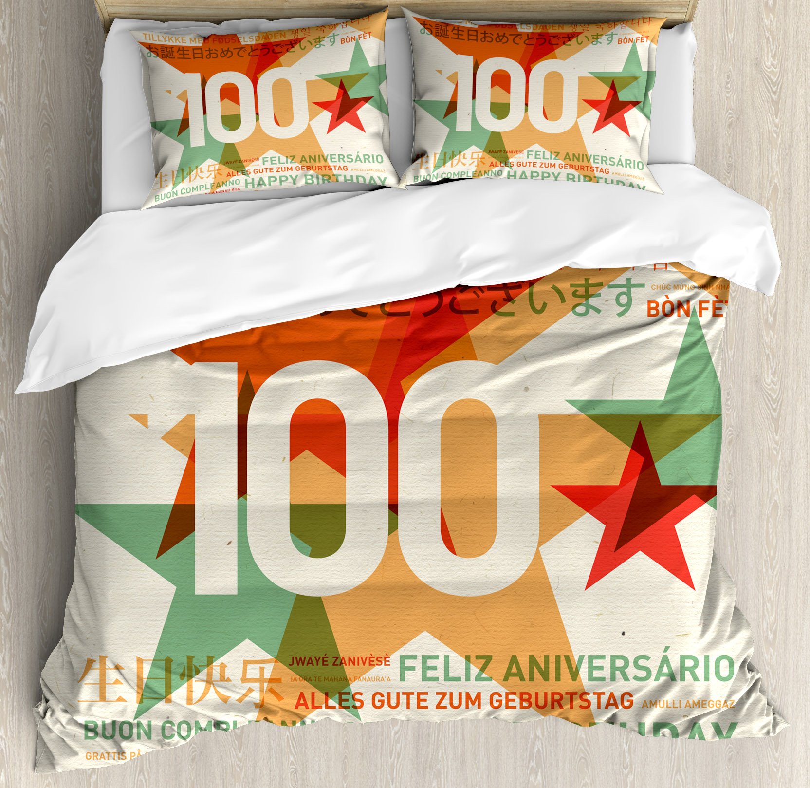 Ambesonne 100th Birthday Duvet Cover Set - Multilingual Birthday Wishes on Abstract Art Backdrop, 3-Piece King Size Bedding Set with 2 Pillow Shams in Pale Green & Vermilion - Perfect for Centennial Celebrations & Vintage-Themed Bedroom Decor