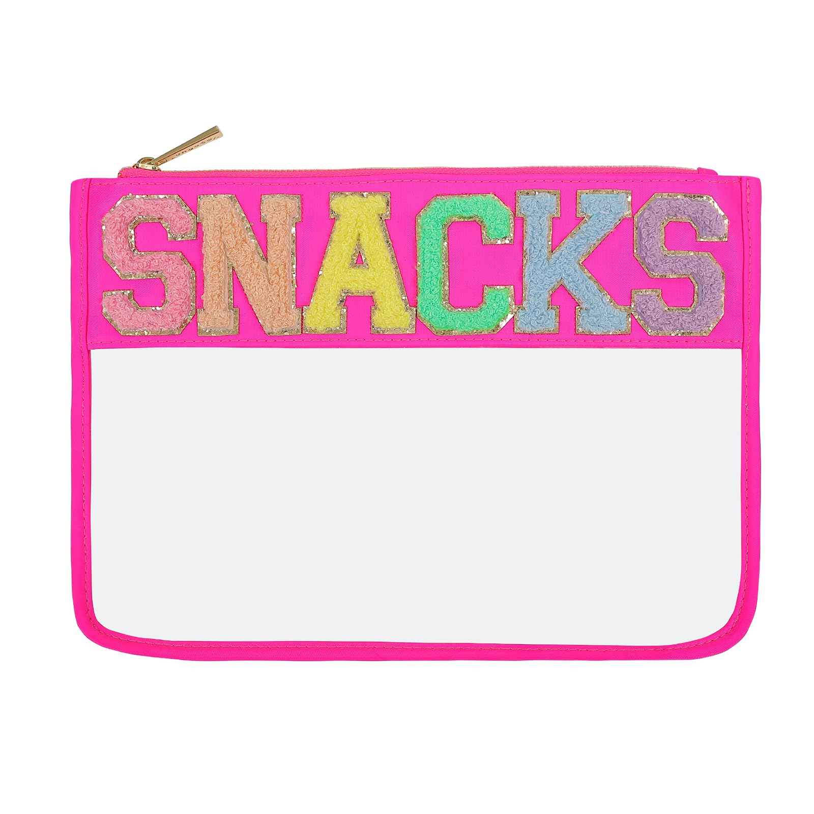 Glitter Chenille Clear Snack Pouch Bag - Transparent Zipper Travel Snack Bags for Women (Hot Pink) - Perfect for School, Office, Travel & Party Snack Storage