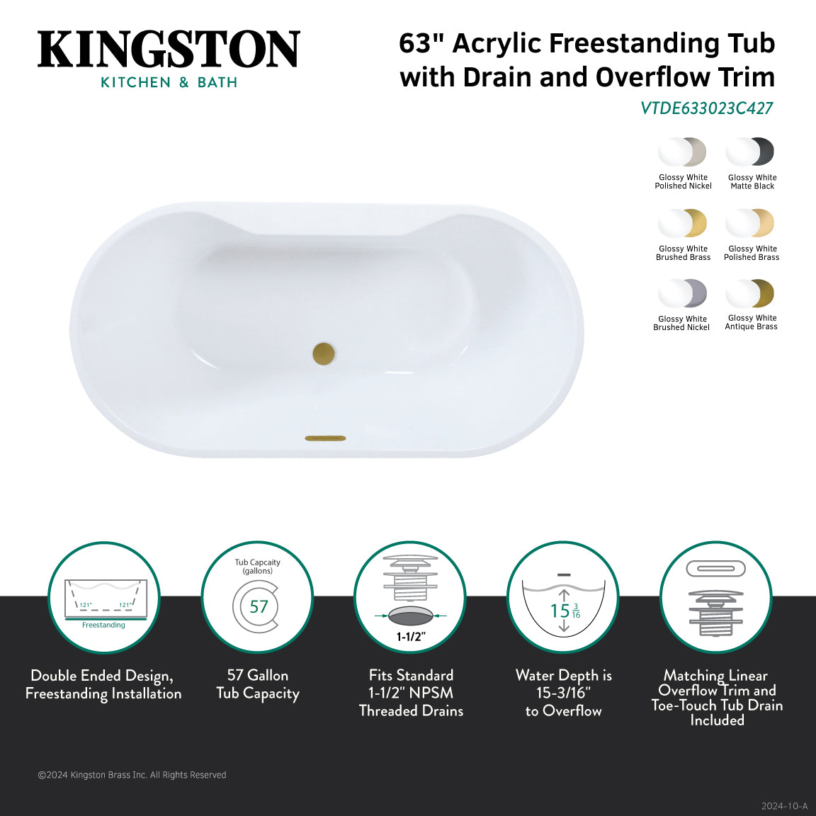 Aqua Eden 63-Inch Freestanding Acrylic Oval Bathtub with Drain - Glossy White & Antique Brass Finish | Double-Ended Soaking Tub for Luxury Bathrooms & Spa Retreats