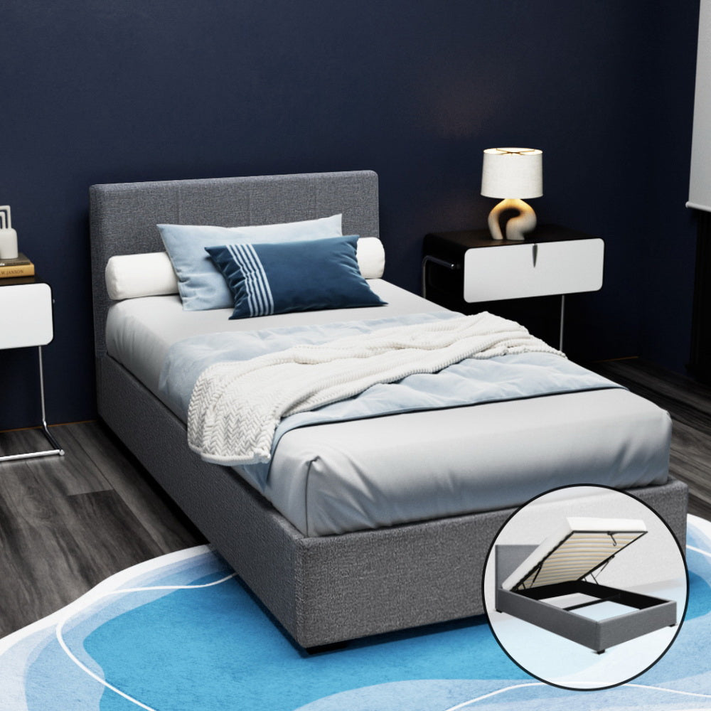 Elwood Grey King Single Bed Frame with Gas Lift Storage - Perfect for Small Bedrooms, Guest Rooms & Dormitories