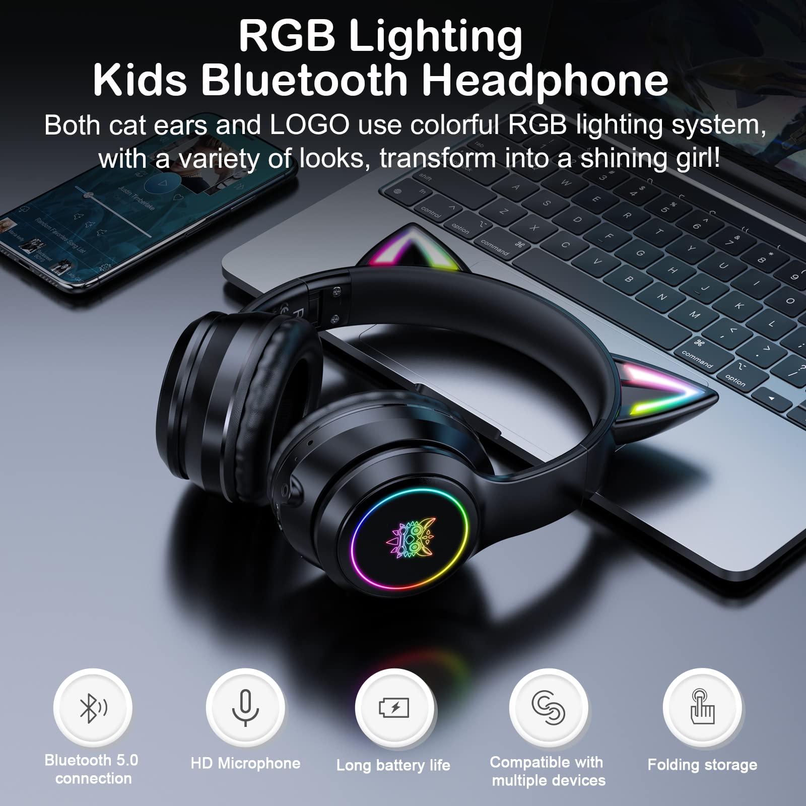 Wireless Bluetooth Cat Ear Headphones with RGB Lights & Wired Gaming Mouse Combo - Perfect for Gaming, Streaming, and Cosplay