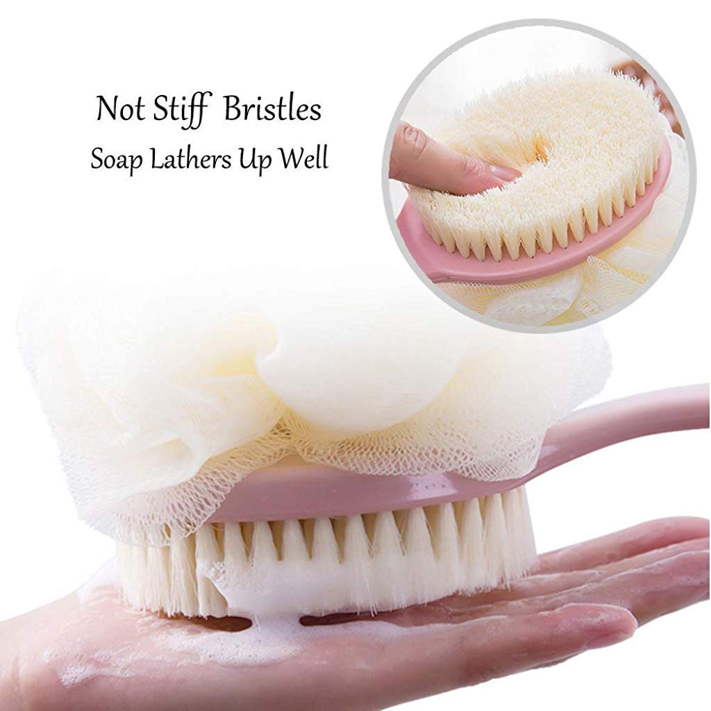 **TRS Back Scrubber Body Brush with Loofah & Mesh Sponge – Exfoliating Dry Brushing Shower Brush with Curved Handle for Men & Women – Pack of 1 – Perfect for Detox, Skin Renewal & Spa-Like Bath Experience**