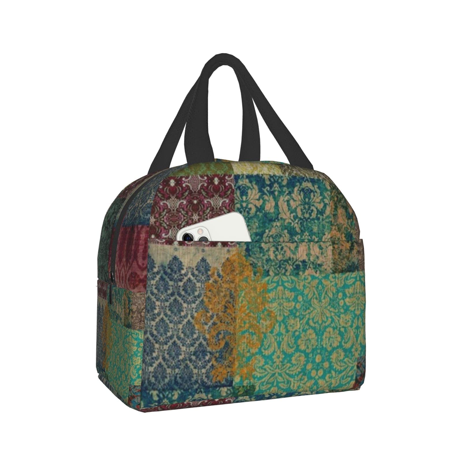 Bohemian Insulated Lunch Bag with Large Pocket - Portable Patchwork Lunch Tote for Office, School, Picnic & Travel | Eco-Friendly Reusable Food Container for Work, Hiking and Daily Commute