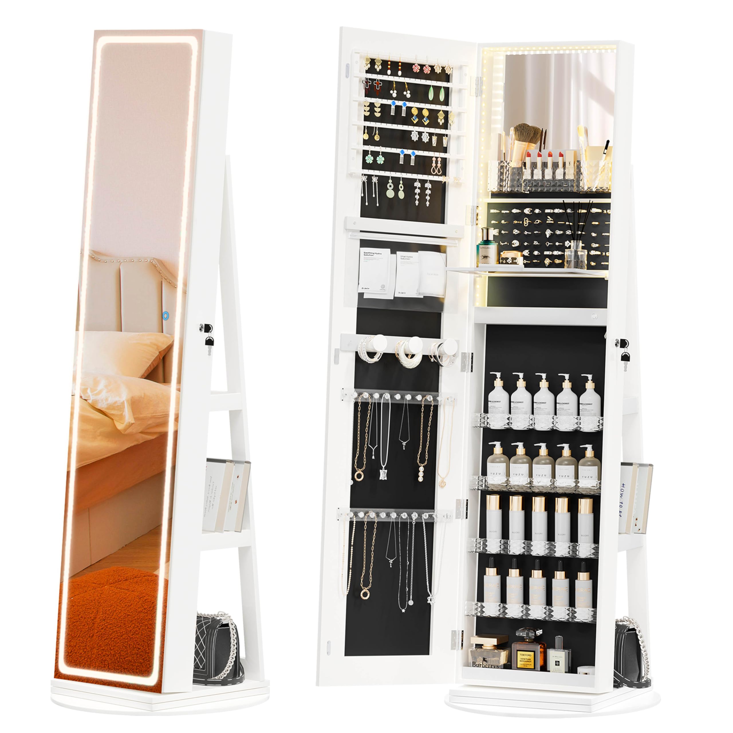 360° Swivel LED Mirror Jewelry Cabinet with Adjustable Lights - Full Length Standing Jewelry Armoire Organizer for Necklaces, Rings & Accessories - Perfect for Bedroom, Dressing Room & Closet Storage (White)