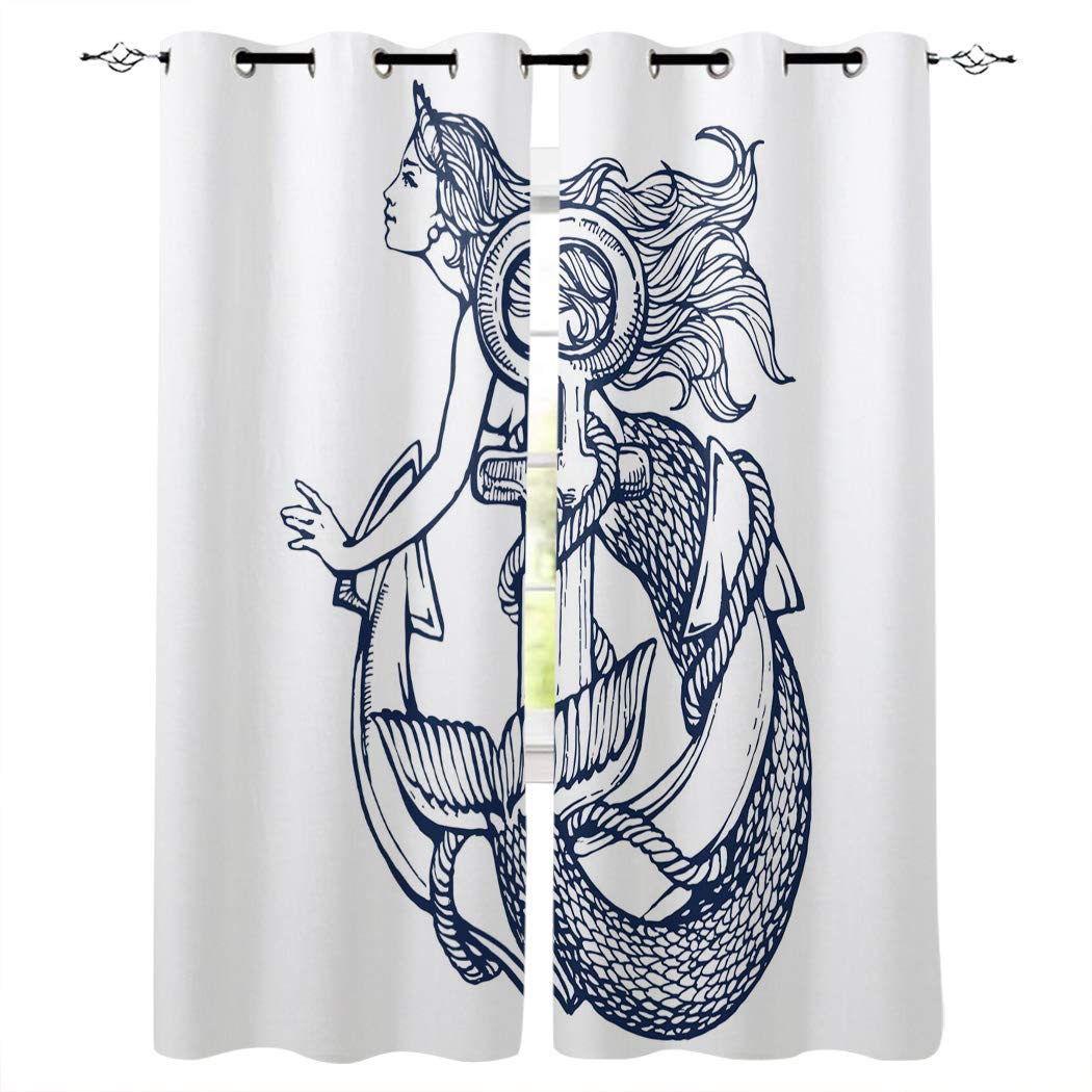 Blackout Curtains for Bedroom & Living Room - Mermaid & Anchor Design - Thermal Insulated Noise Reducing Window Treatments for Sliding Glass Doors (2 Panels 52x63 Inches) - Perfect for Home Theater, Nursery & Light Sleepers