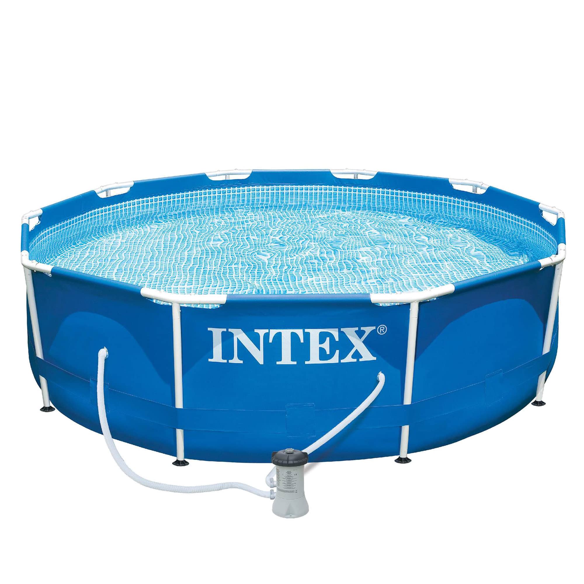 Intex 10ft x 30in Round Metal Frame Above Ground Outdoor Swimming Pool Set with 330 GPH Filter Pump, Cartridge & Protective Cover - Perfect for Backyard Fun, Family Gatherings & Summer Cooling