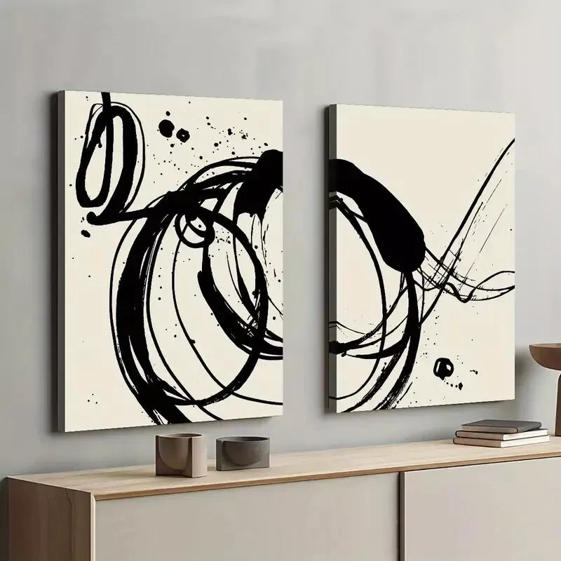 2 Piece Abstract Black Ink Art Framed Wall Decor - 50x75cm High Quality Canvas Print | 100% Australian Made | Ready to Hang | Perfect for Living Room, Bedroom & Office Decor