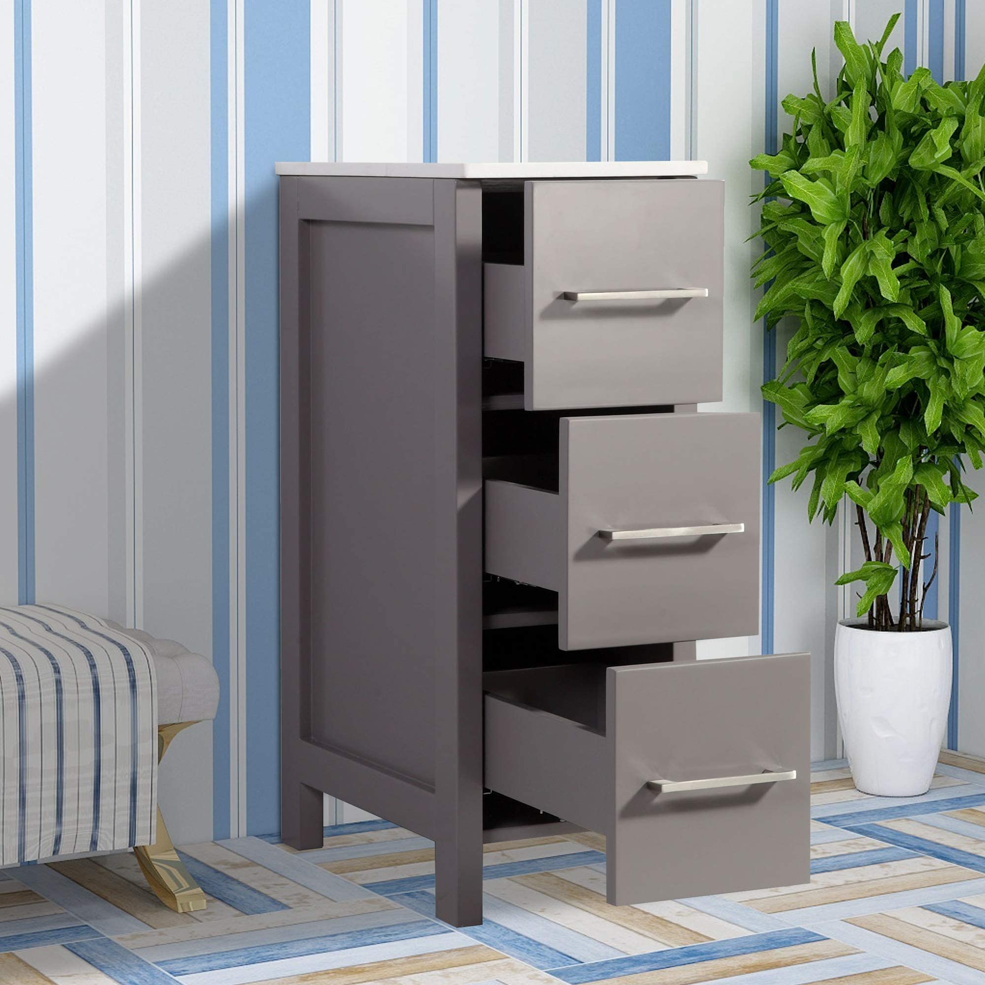 Vanity Art 12 Inch Bathroom Cabinet with 3 Dovetailed Drawers & Ceramic Top - Freestanding Storage Organizer for Bedroom, Bathroom, Entryway - Easy Assembly Small Nightstand (Gray) VA3012-G | Perfect for Small Spaces, Apartment Living & Bathroom Organization