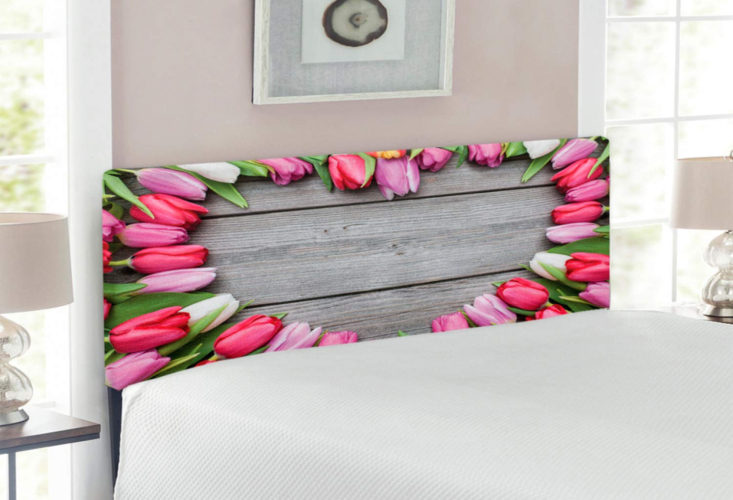 Ambesonne Love Headboard - Full Size Upholstered Metal Bed Frame with Memory Foam, Floral Tulip Print on Rustic Wood Table Design in Pink, Green & Umber Colors | Perfect for Countryside, Cottage & Farmhouse Bedroom Decor
