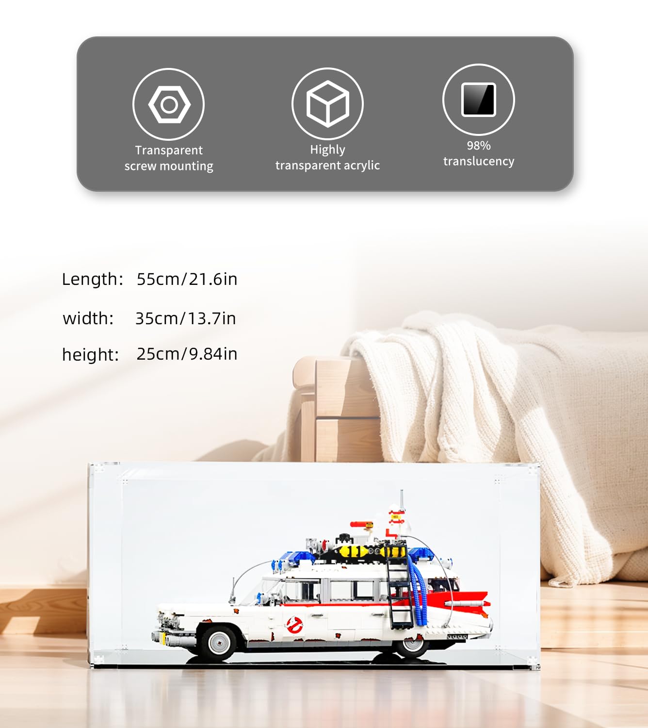 NOVDA Acrylic Display Case for Lego Ghostbusters ECTO-1 10274 - Dustproof Showcase Box for Lego 10274 (Model Not Included) - Size: 55 x 35 x 25 cm - Perfect for Home Decoration, Collectible Display & Gift Giving