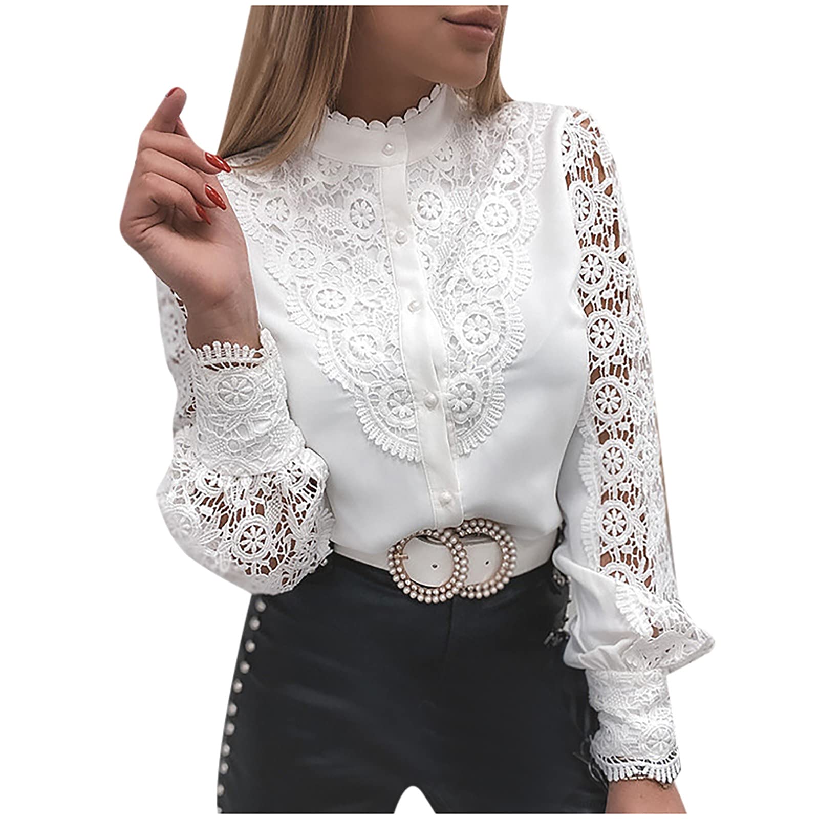 RFNIU Women's White Lace Shirt - Elegant Sheer Long Sleeve Blouse with Lace Embellishments & Solid Buttons for Work, Office, Party & Special Occasions