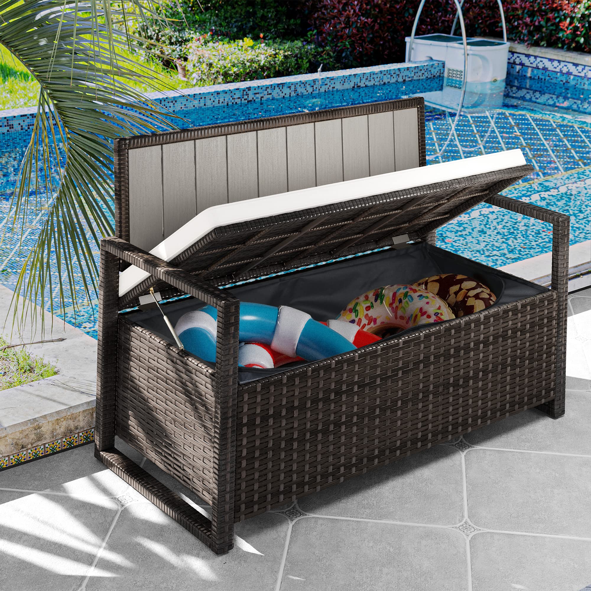 YITAHOME 70 Gallon Outdoor Storage Bench with Weather-Resistant Woven Rattan - Patio Deck Box, Wicker Storage Seat for Garden Tools, Pool Accessories & Outdoor Cushions (Brown) - Perfect for Backyard, Poolside & Patio Organization