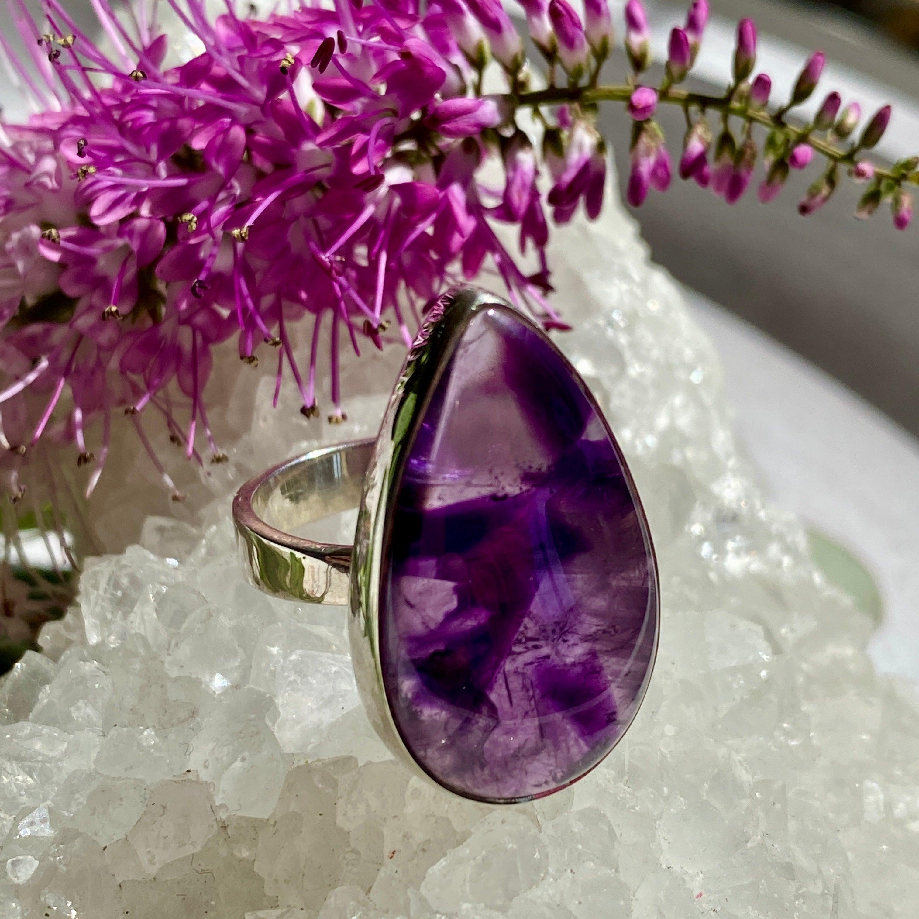 Amethyst Teardrop Cabochon Ring - Size 6 - Sterling Silver 925 - Elegant Purple Gemstone Jewelry for Women - Perfect for Weddings, Parties & Everyday Wear