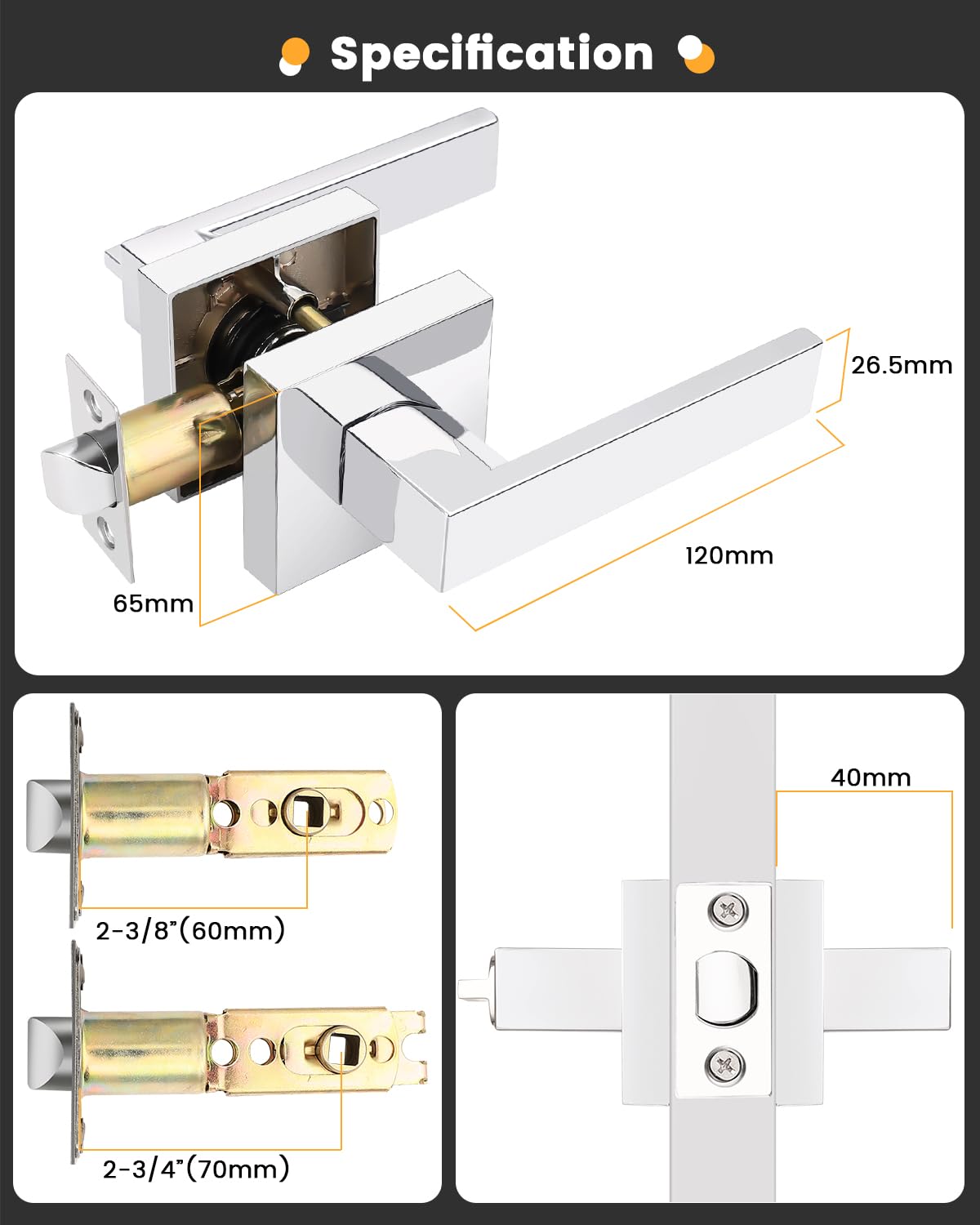 Gobrico 4 Pack Square Closet & Hall Door Levers - Bright Chrome Passage Door Locks - Interior Door Handles Hardware for Bedroom, Bathroom & Office Doors