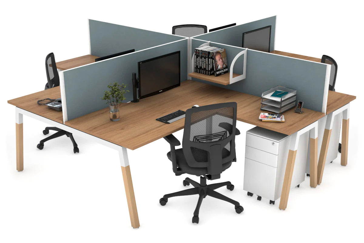 Quadro Wood A Legs Cross Beam 4-Person Corner Workstation Desk - 1600L x 1800W with Cable Management Scallop - Perfect for Office, Home Workspace & Collaborative Environments
