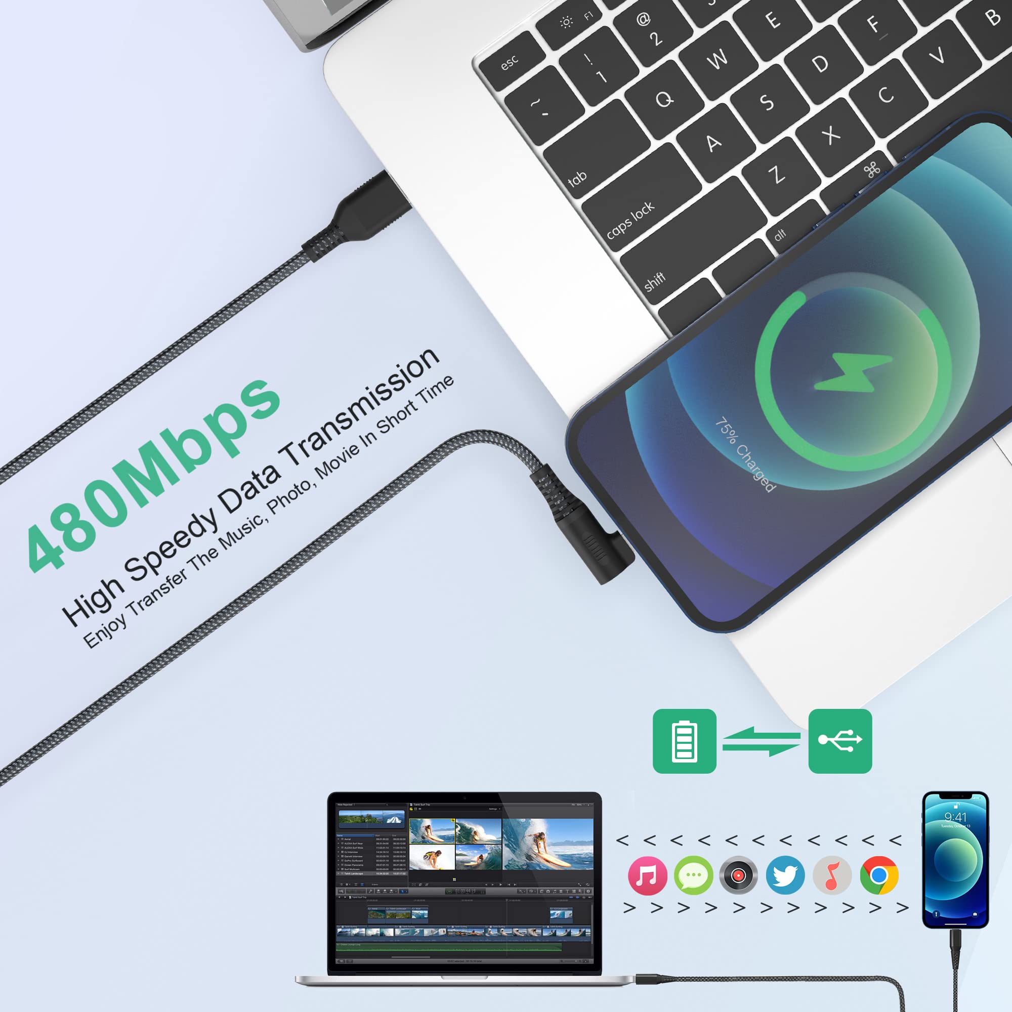 20ft Extra Long Lightning Cable - Apple MFi Certified Right Angle iPhone Charger (90 Degree) - Durable Nylon Braided Fast Charging Cord for iPhone 13/12/11/X - Perfect for Bedside, Car & Office Charging