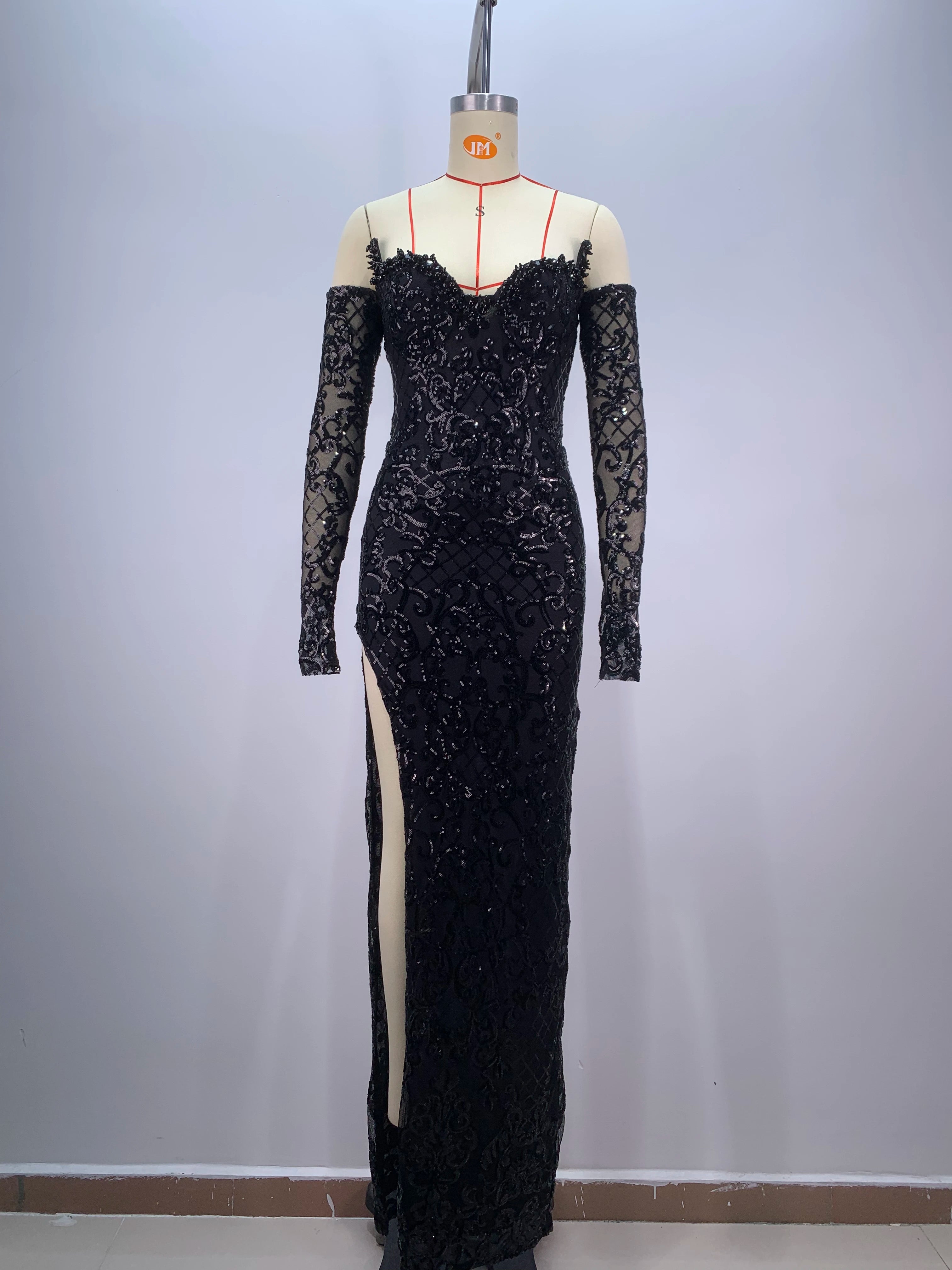 2024 New Black Sequin High Slit Bodycon Long Dress with Gloves for Women - Sexy Evening Party Prom Gown for Celebrations & Special Occasions