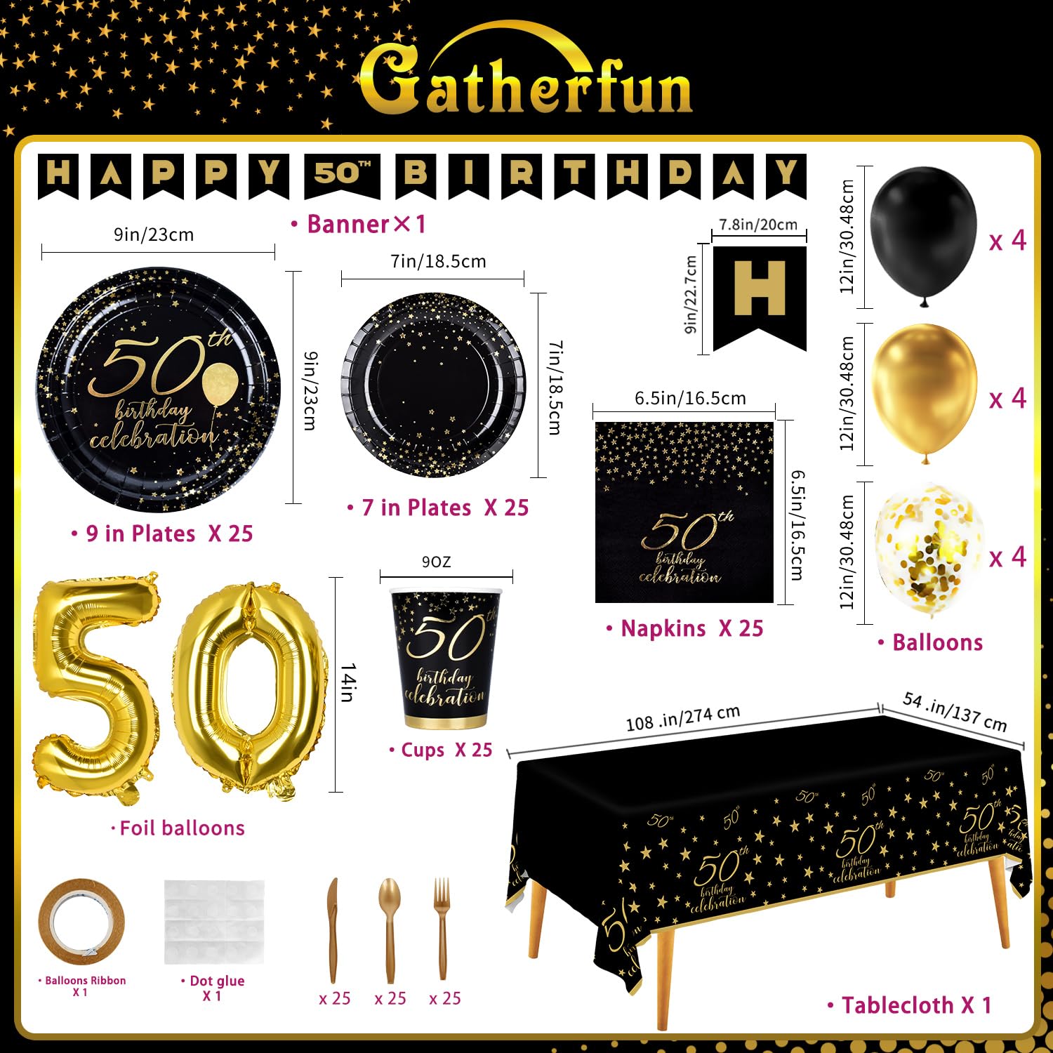 Gatherfun 50th Birthday Party Supplies Set - 50 Disposable Paper Plates, Napkins, Cups, Cutlery & Tablecloth with Black & Gold Balloons & Banner - Elegant 50th Birthday Decor for Men & Women (Serves 25) - Perfect for Milestone Celebrations, Retirement Parties & Anniversary Events