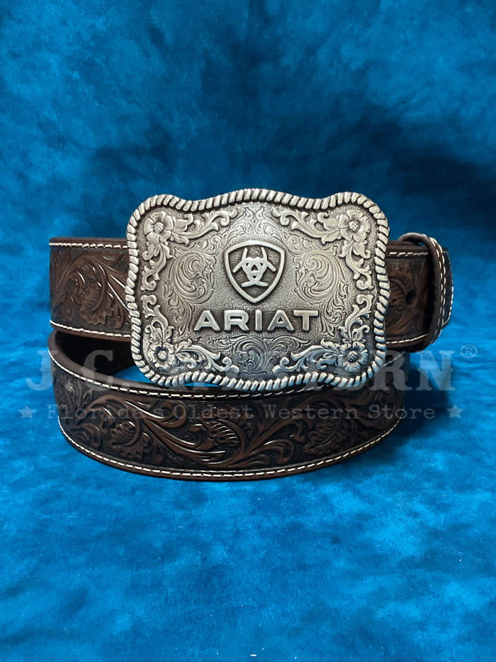 Ariat A1020467 Men's Genuine Leather Belt with Embossed Plate Buckle - Dark Brown Western Style Belt for Cowboy Boots & Jeans | Perfect for Rodeo, Ranch Work & Casual Wear