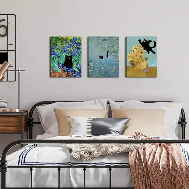 3pcs Funny Cat in Water Lilies Sunflower Metal Print Wall Art - Ready to Hang Home Decor for Living Room, Bedroom & Office