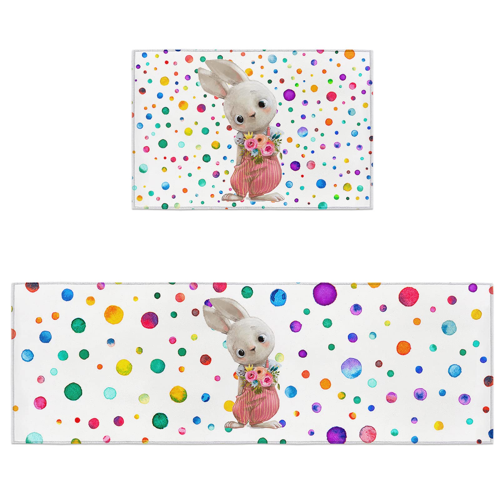 Non-Slip Kitchen Rugs Set of 2 - Easter Bunny & Spring Flower Design, Polka Dot Floor Mat for Laundry Room, Doormat & Area Carpet - Perfect for Spring Decor & Home Safety