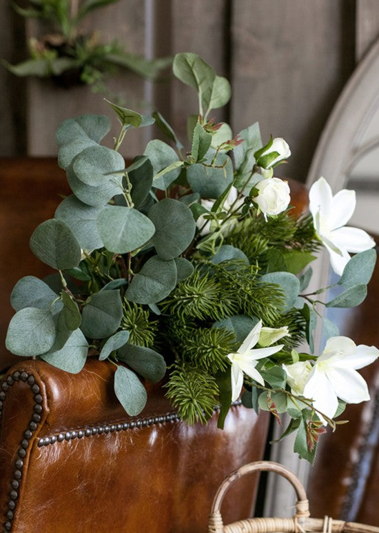 Eucalyptus Globulus, Clematis & White Rose Artificial Flower Arrangement - Modern Home Decor for Dining Table, Living Room & Wedding Centerpieces