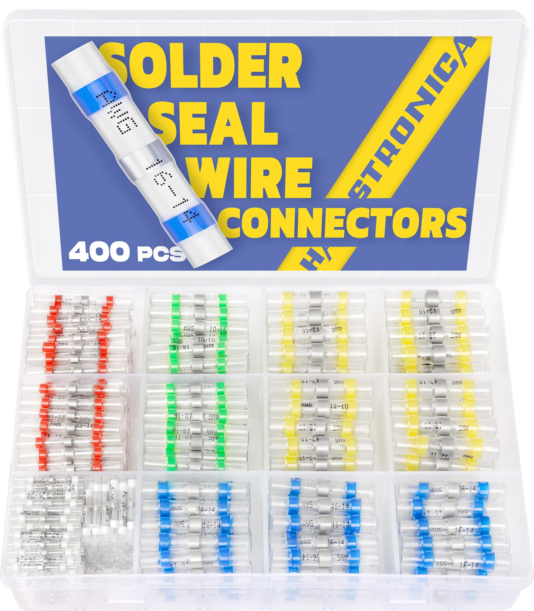 Haisstronica 400PCS Marine Grade Heat Shrink Wire Connectors Kit - Waterproof Butt Splice Electrical Connectors for 26-10 Gauge Wires (5 Colors/5 Sizes) - Ideal for Boat Wiring, Automotive Repairs & DIY Electrical Projects