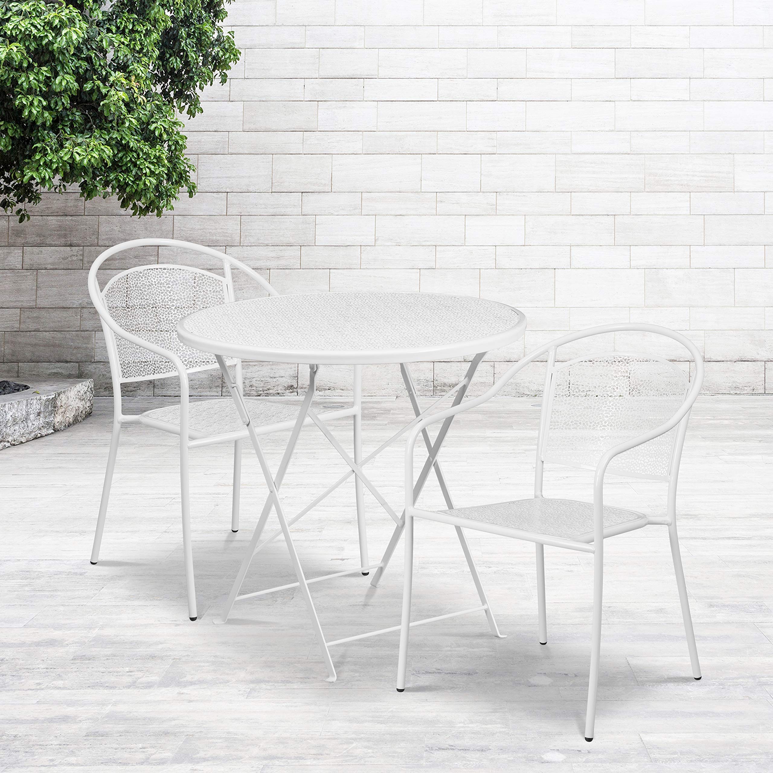 Commercial Grade 30 Inch Round White Folding Patio Table Set with 2 Round Back Chairs - Outdoor Dining, Garden Furniture, Backyard Decor for Parties & BBQs