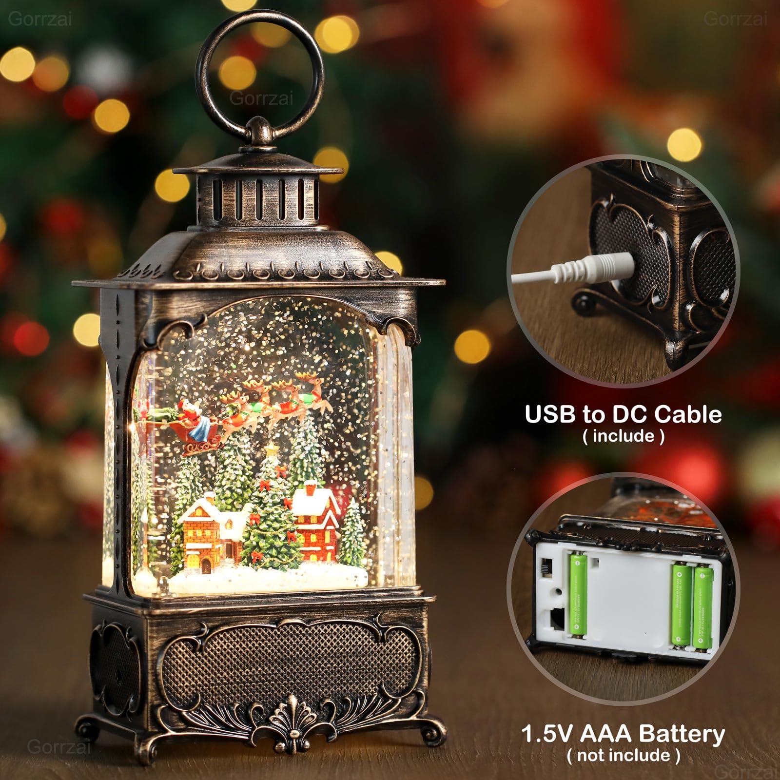 Village Snow Globe Christmas Decor - Musical Lighted Lantern with Swirling Glitter, Santa Church Reindeer Scene, USB/Battery Powered - Perfect for Home, Office & Holiday Party Decorations