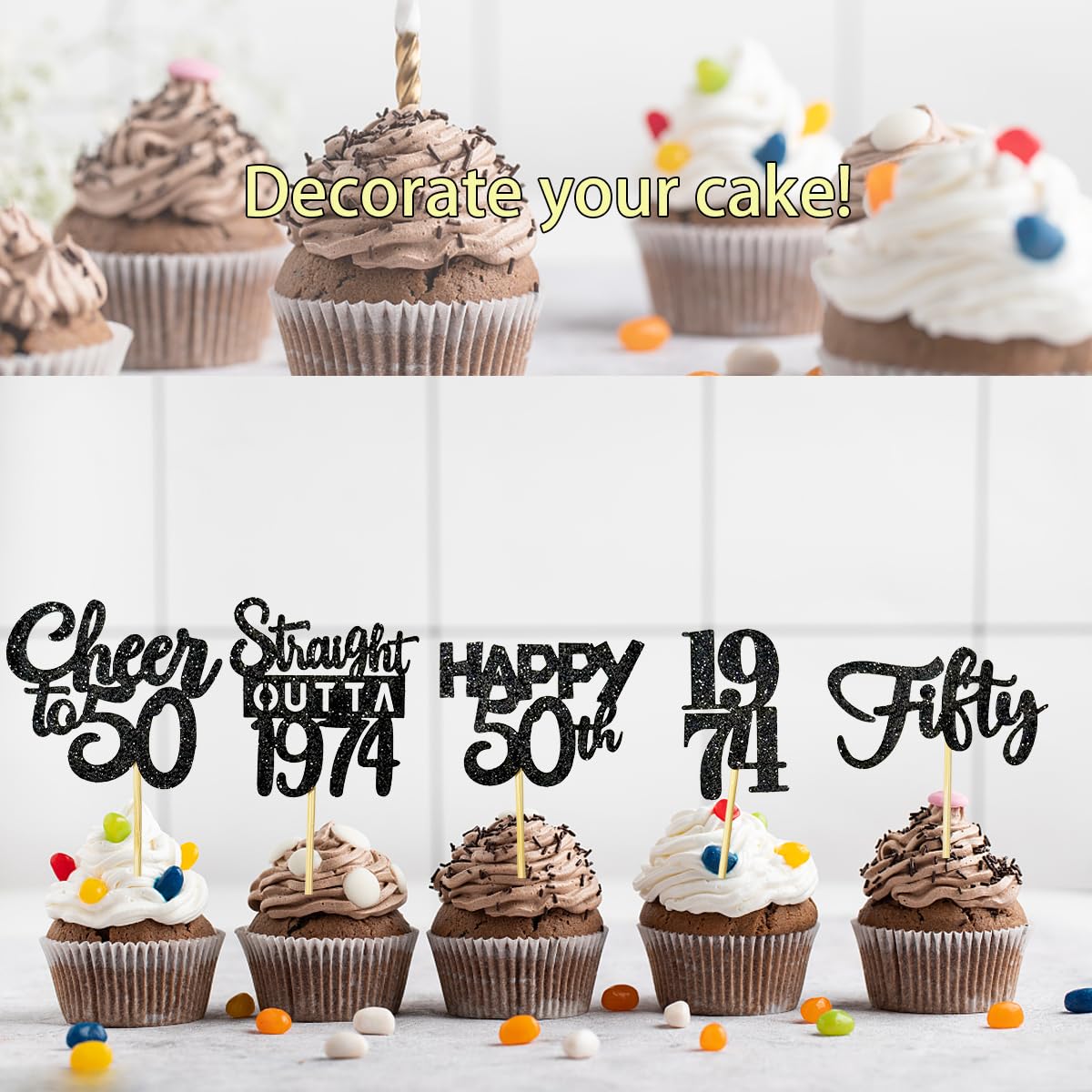 30PCS 50th Birthday Cupcake Toppers - Gold & Black 1974 Themed Party Decorations for Men & Women - Cheers to 50 Years Celebration Supplies for Anniversary Cakes, Desserts & Party Decor