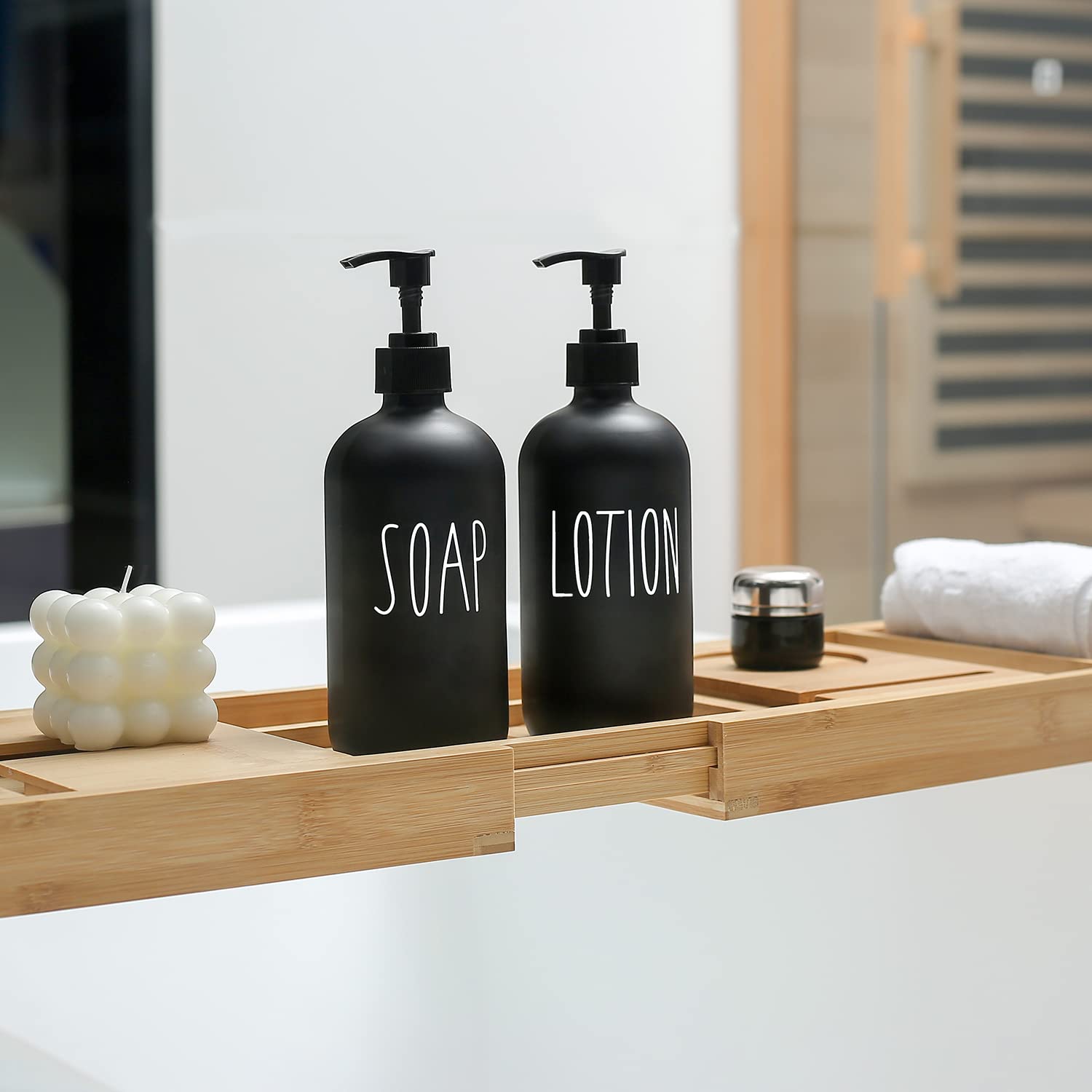 Matte Black Soap Dispenser Set with Lotion Pump - Farmhouse Style Bathroom Decor for Sink Countertop, Vanity & Guest Bath