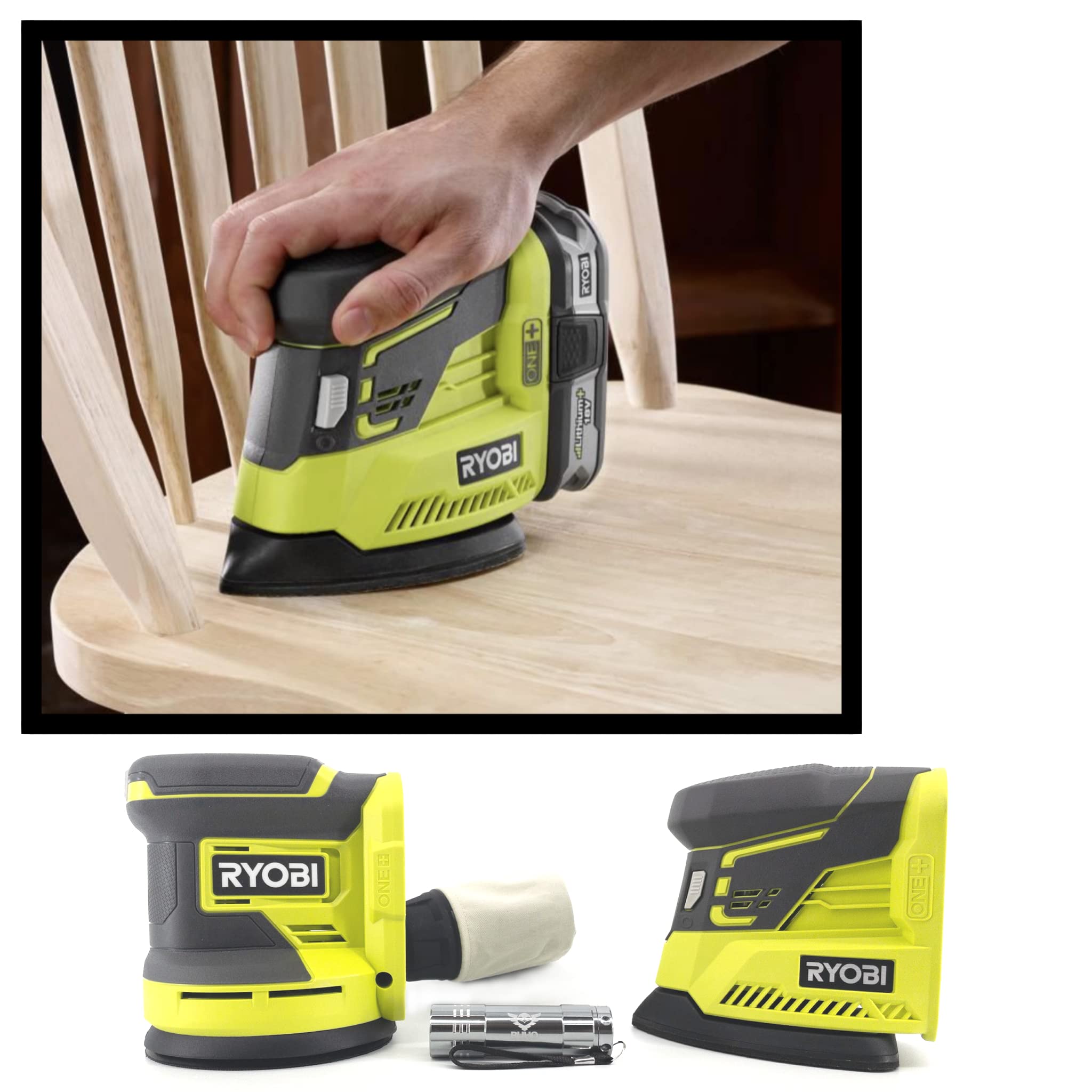 18V Buho Cordless Power Sander Bundle - 5 Inch Random Orbit Sander & Corner Cat Finish Sander with Pocket Flashlight (Bare Tools, No Battery) - Perfect for Woodworking, DIY Projects & Home Renovations