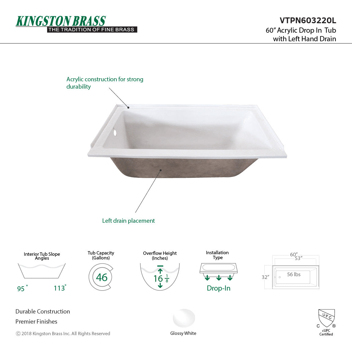 Aqua Eden 60-Inch Acrylic Rectangular Drop-In Bathtub - Left Hand Drain, Glossy White Finish - Perfect for Modern Bathroom Renovations & Spa-Like Relaxation
