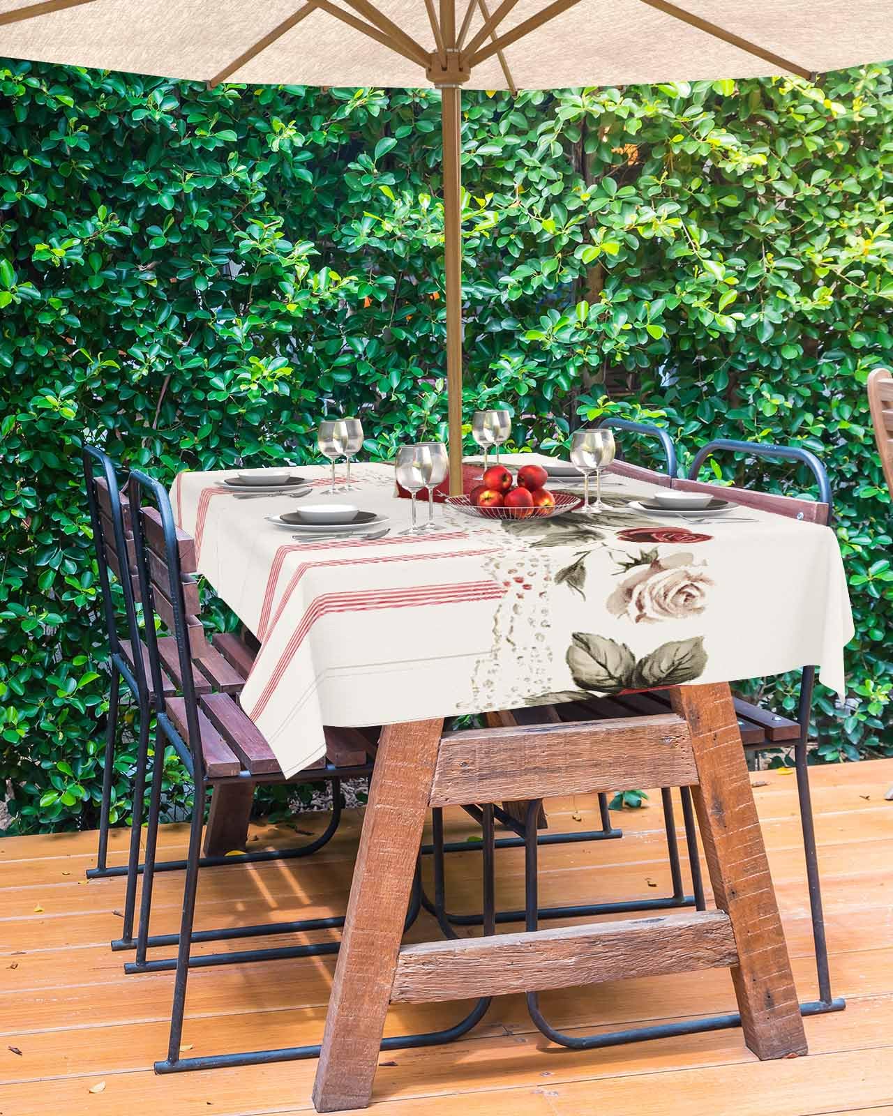 Valentine's Day Red Striped Waterproof Tablecloth with Umbrella Hole & Zipper - Spillproof Rectangular Table Cover for Outdoor Dining, Picnics, Patio Parties and Romantic Dinners