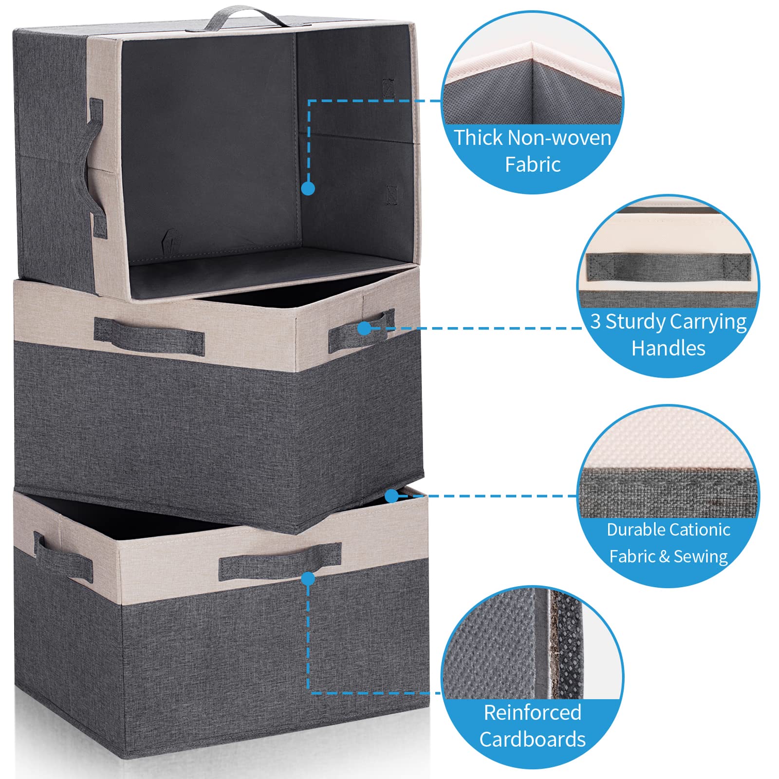 Large Foldable Fabric Storage Bins with 3 Handles - 15x11x9.6 Inch Closet Organizer Baskets - Sturdy Shelving Storage for Bedroom, Living Room & Office - Beige Set of 3 - Perfect for Home Organization & Space Saving