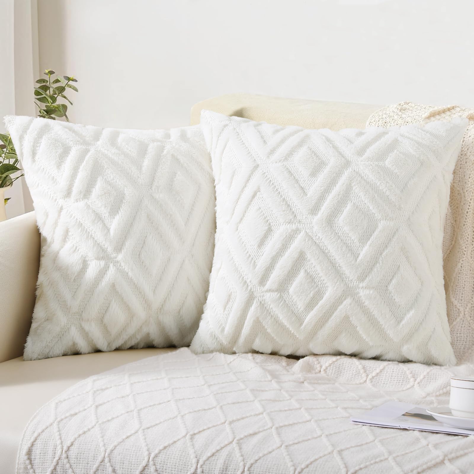 Pallene 22x22 Inch Soft Faux Fur Throw Pillow Covers Set of 2 - Plush Wool Decorative Couch Pillow Covers for Sofa, Bed, Living Room - 3D Diamond Pattern Cream White - Perfect for Home Decor, Cozy Winter Nights and Modern Interior Design