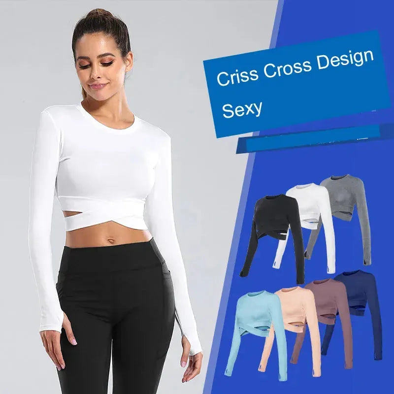 AIITHUUG Midriff Long Sleeve Yoga Top - Women's Slim Fit Criss Cross Waist Workout Shirt for Gym, Running & Fitness | Breathable Sports Crop Top for Yoga, Pilates & Active Lifestyle