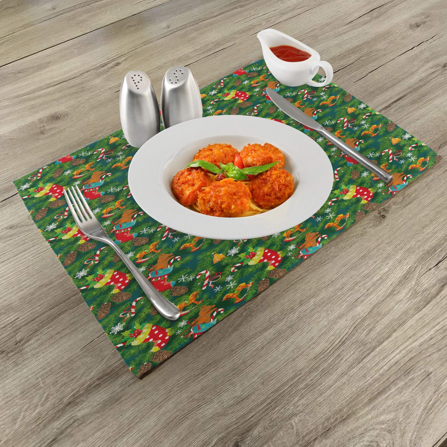Ambesonne Christmas Placemats Set of 4 - Festive Holiday Dining Table Decor with Stockings, Candies & Teddy Bear Design | Washable Fabric Place Mats for Kitchen, Dining Room & Holiday Parties | Dark Green, Brown & Red