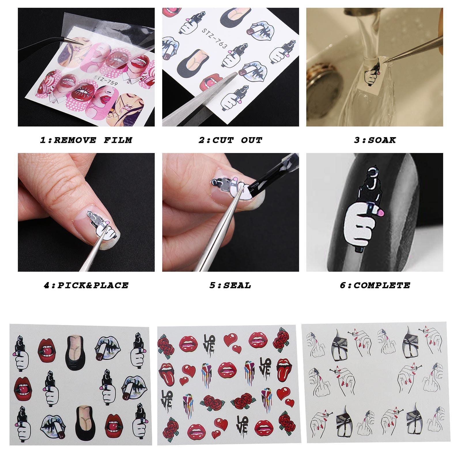 **OTOTEC 18 Sheets Nail Stickers - Water Transfer Nail Art Decals for Women & Girls, Trendy Manicure Designs for Fingers & Toes, Red Kiss Lips & Sexy Nail Tattoo Decorations - Perfect for Parties, Weddings, and Everyday Glam**