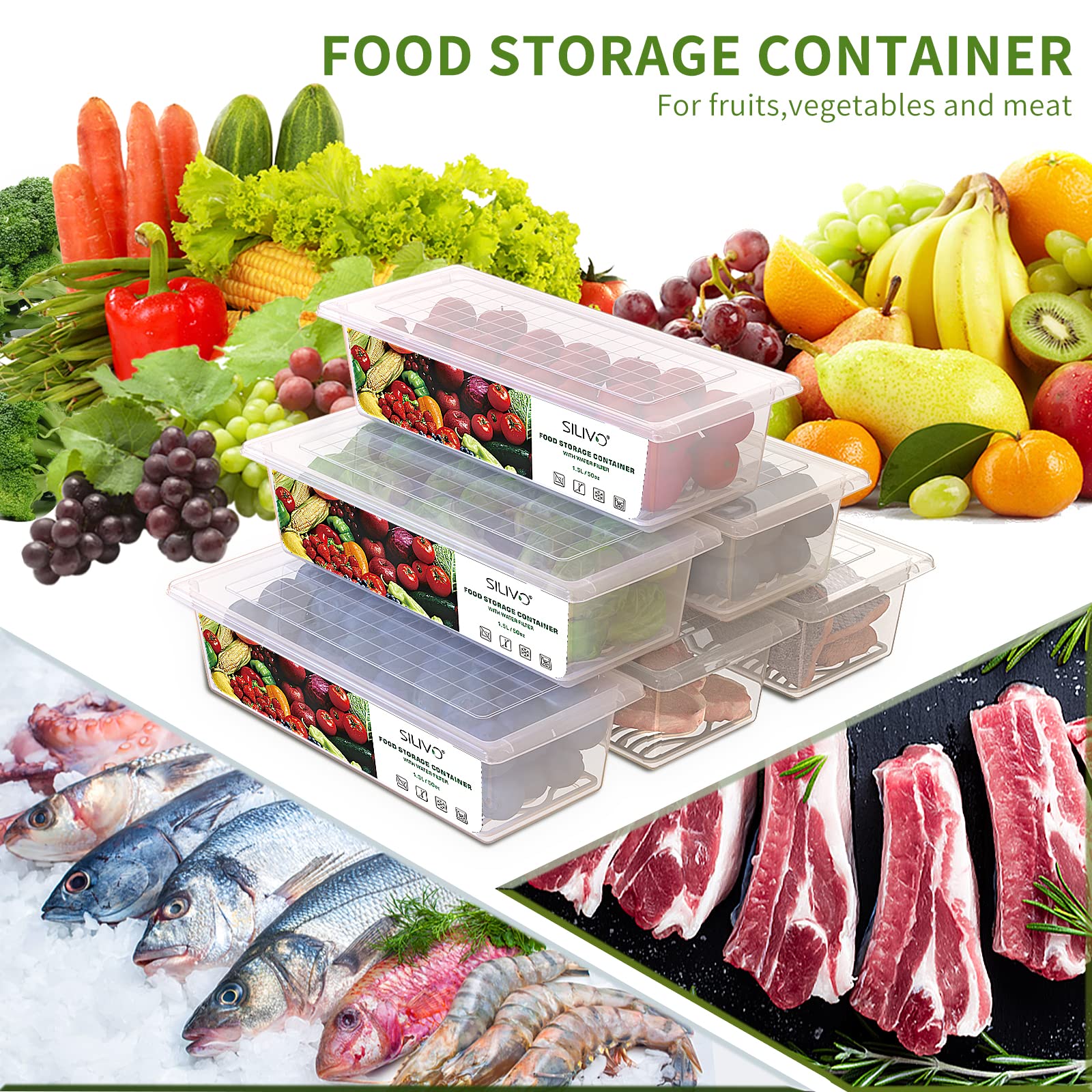 SILIVO 6-Pack 1.5L Refrigerator Storage Containers with Drain Tray - Fresh Produce Saver for Fruits, Vegetables, Lettuce & Salad | Perfect for Meal Prep, Fridge Organization & Keeping Food Fresh Longer