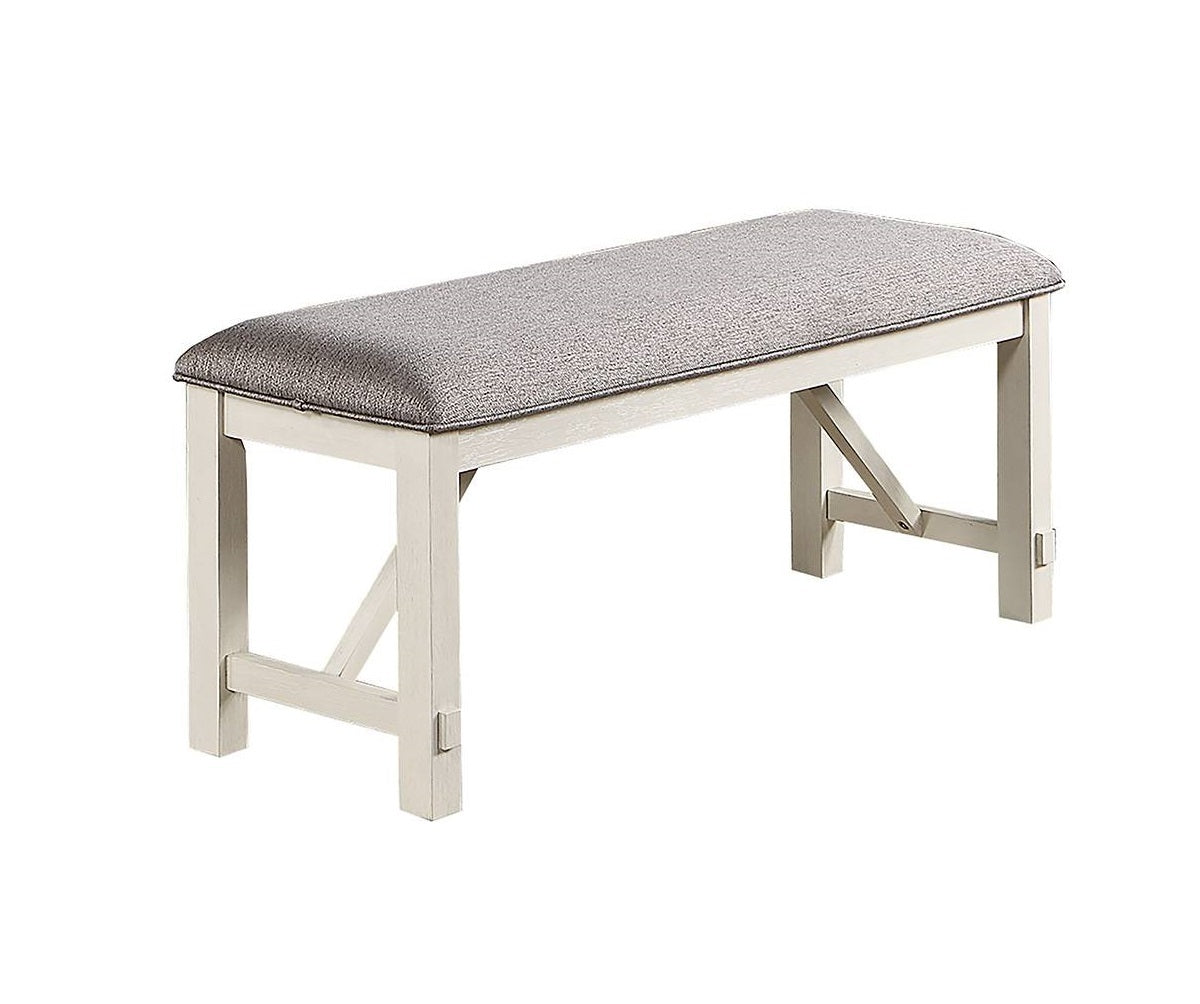 Gray Fabric Cushion Bench with White Clean Lines - Modern Dining Room Furniture for Kitchen, Entryway, and Bedroom Seating