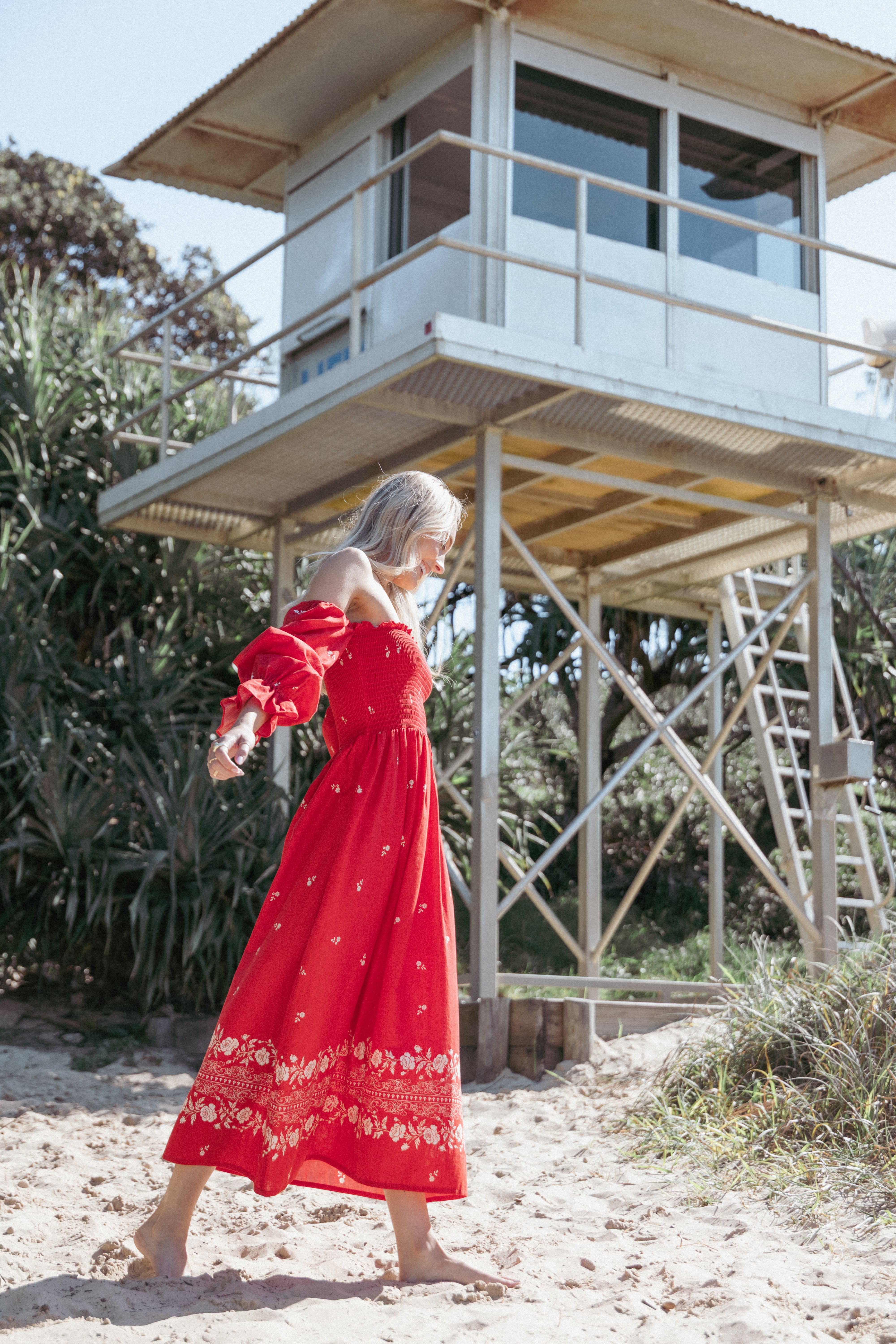 Stylish Domenica Shirred Long Sleeve Midi Dress with Red Floral Bandana Print - Perfect for Casual Outings, Date Nights & Spring Fashion