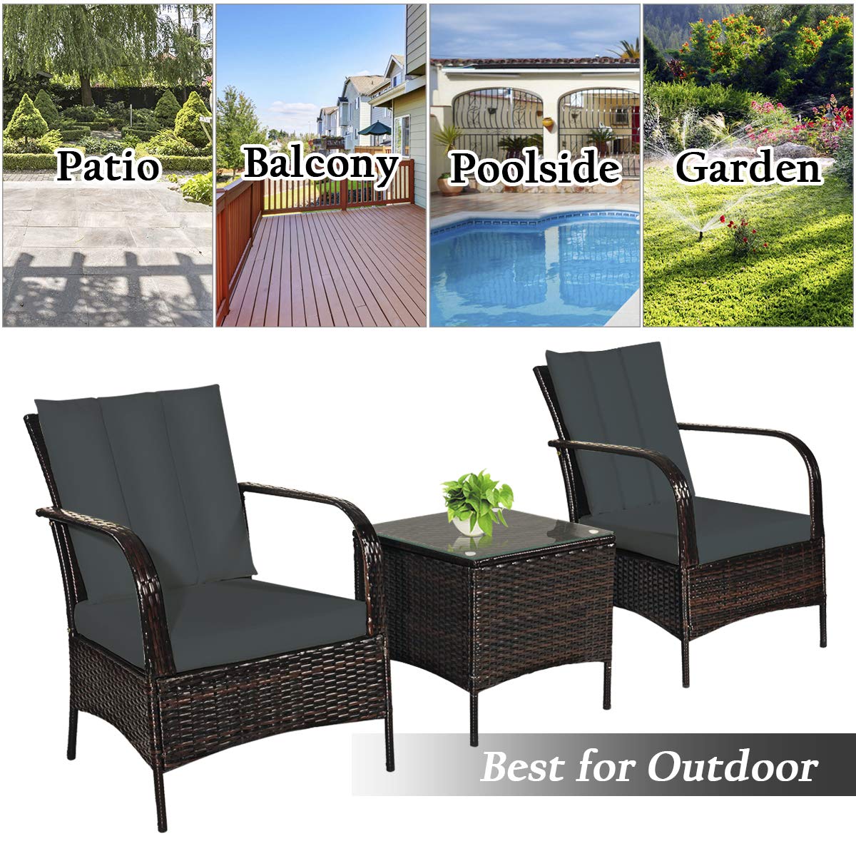 Tangkula 3-Piece Outdoor Patio Furniture Set - 2 Rattan Wicker Chairs with Tempered Glass Coffee Table - Weather-Resistant Garden, Porch, Poolside Conversation Set for Backyard, Deck, and Outdoor Relaxation