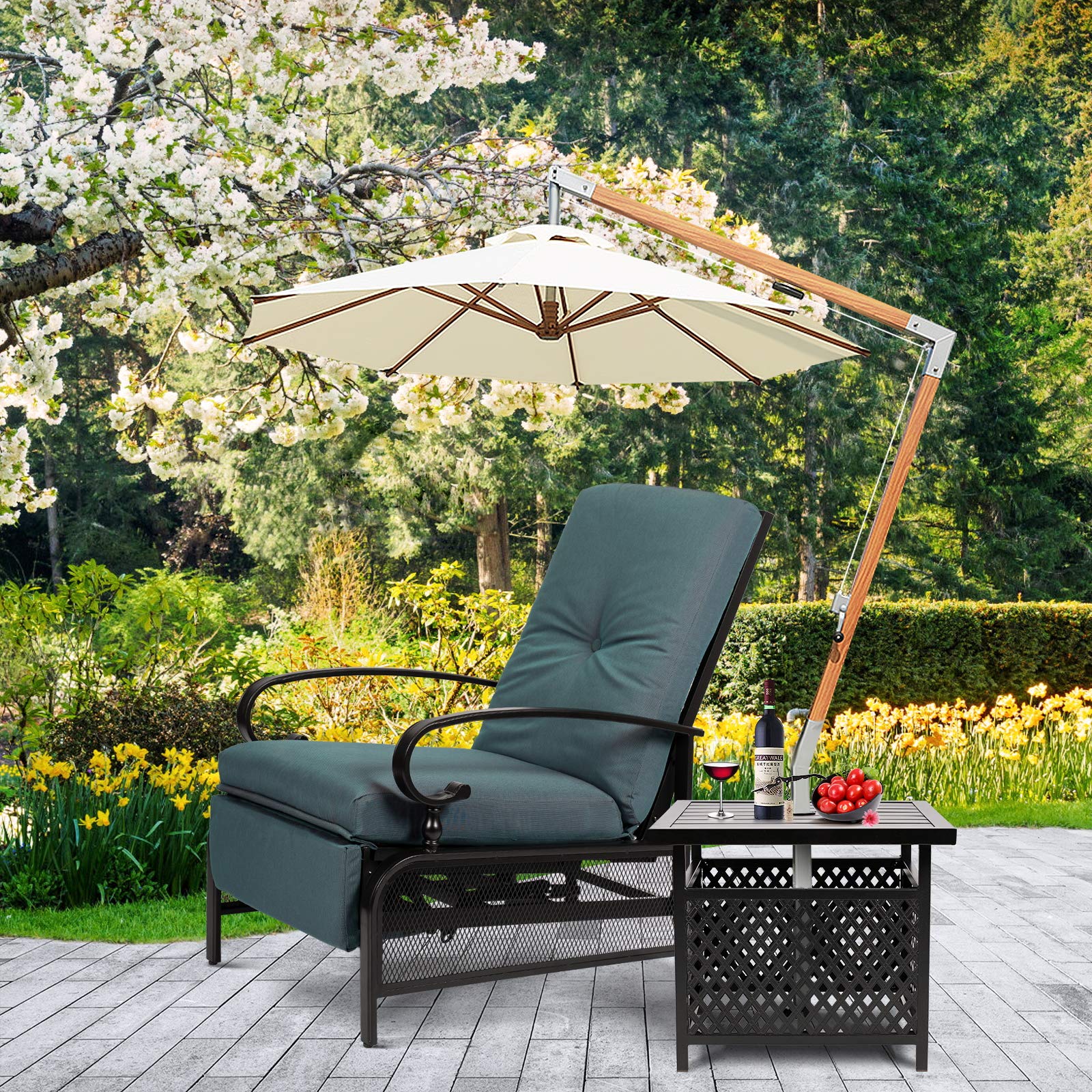 Oakcloud Adjustable Outdoor Lounge Chair Set - Metal Patio Recliner with Bistro Table & Removable Cushions (Peacock Blue) - Perfect for Poolside, Garden, Backyard Relaxation