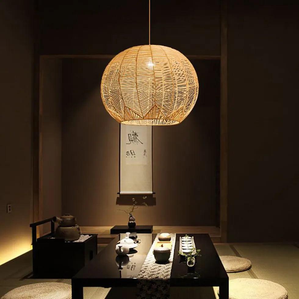 Handwoven Rattan Sphere Pendant Light - Natural Boho Ceiling Fixture for Living Room, Bedroom, or Dining Area