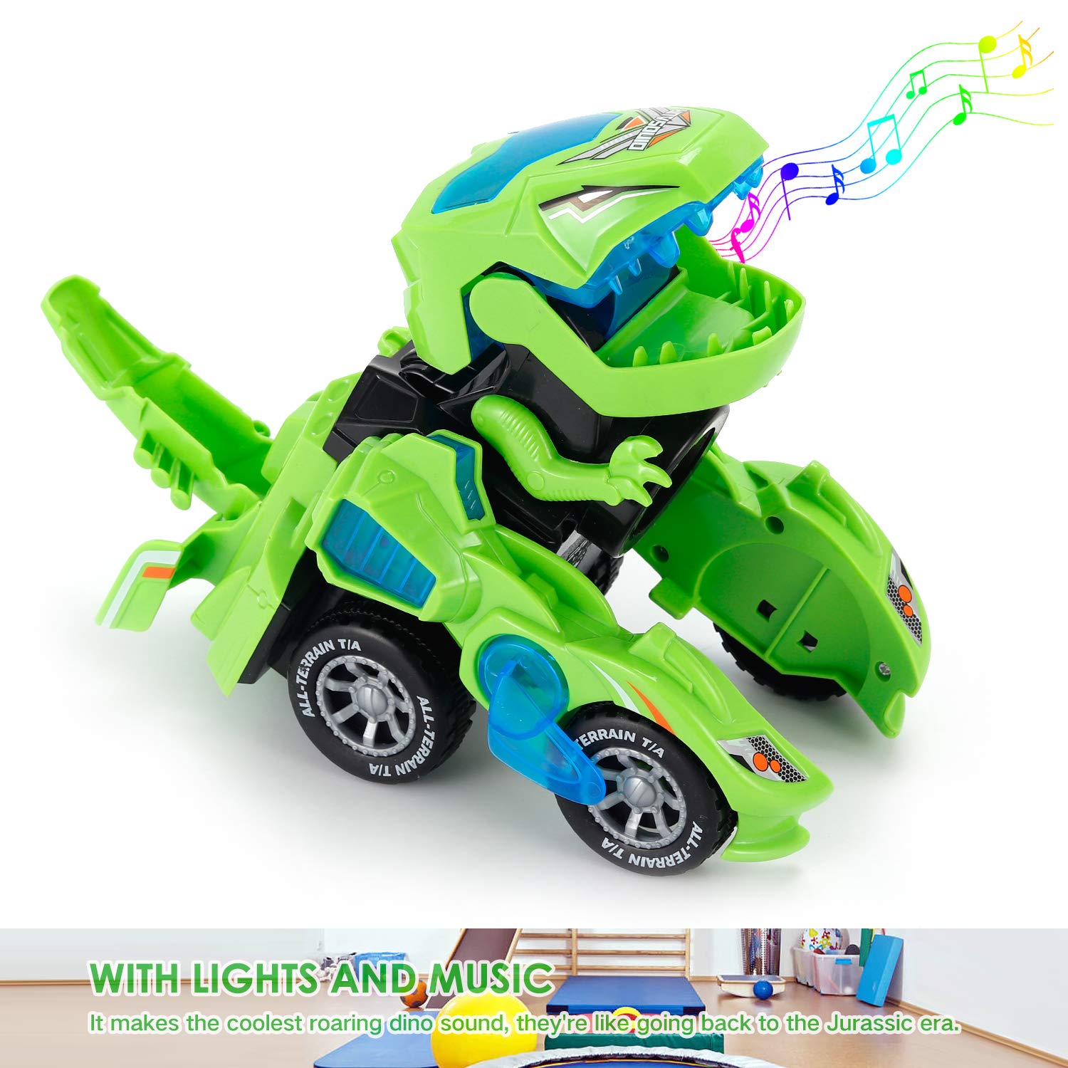 2-in-1 Transforming Dinosaur LED Car Toy - Automatic Dino Transformer Vehicle with Lights for Kids Ages 3-12 (Green) | STEM Learning Toy for Pretend Play & Nighttime Fun